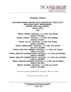 M1008 M1009 M1010 M1028 M1031 Trucks Unit Maintenance Repair Parts and Special Tools List TM 9-2320-289-20P