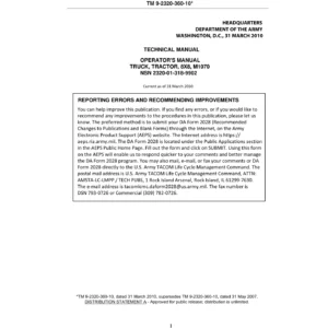 M1070 8x8 HET Truck Tractor Operator Manual 2010 - TM 9-2320-360-10 PDF