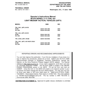 M1078 Series LMTV Operator's Instructions Manual - TM 9-2320-365-10 - 2-1/2 Ton 4x4 Light Medium Tactical Vehicles