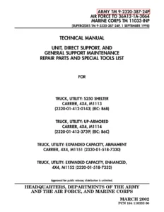 M1113, M1114, M1151, M1152 Truck Repair Parts & Special Tools Manual - 2002 PDF