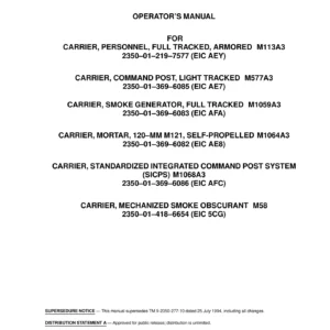 M113A3 M577A3 M1059A3 M1064A3 M1068A3 M58 Carrier Operator's Manual TM 9-2350-277-10 PDF