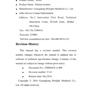 M860 Patient Monitor User Manual PDF – Biolight Meditech Operator Guide
