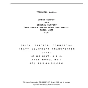 M911 C-HET Heavy Equipment Transporter Repair Parts & Special Tools Manual TM 9-2320-270-34P 1989