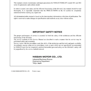 Nissan 1B1 1B2 Forklift Service Manual – Pneumatic & Cushion Models PDF