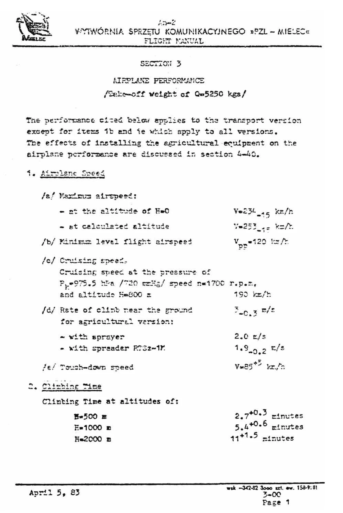 PZL-Mielec An-2 ASz-62IR Flight Manual - 1983 Edition with Amendments - Image 3