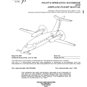 Piaggio P180 Avanti Pilot's Operating Handbook & Airplane Flight Manual Report 6591