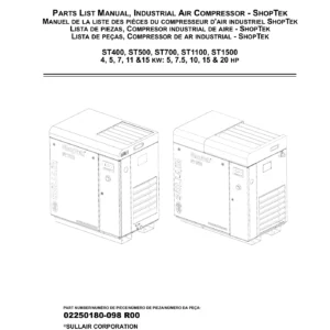 Sullair ShopTek ST400 ST500 ST700 ST1100 ST1500 Parts Manual 02250180-098 PDF
