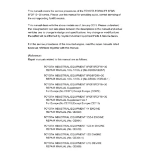 Toyota 8FGF 8FDF15-30 Forklift Troubleshooting and Wiring Manual CE112 2015