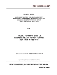 US Army 6000 lb Variable Reach Rough Terrain Forklift Repair Parts Manual TM 10-3930-660-24P