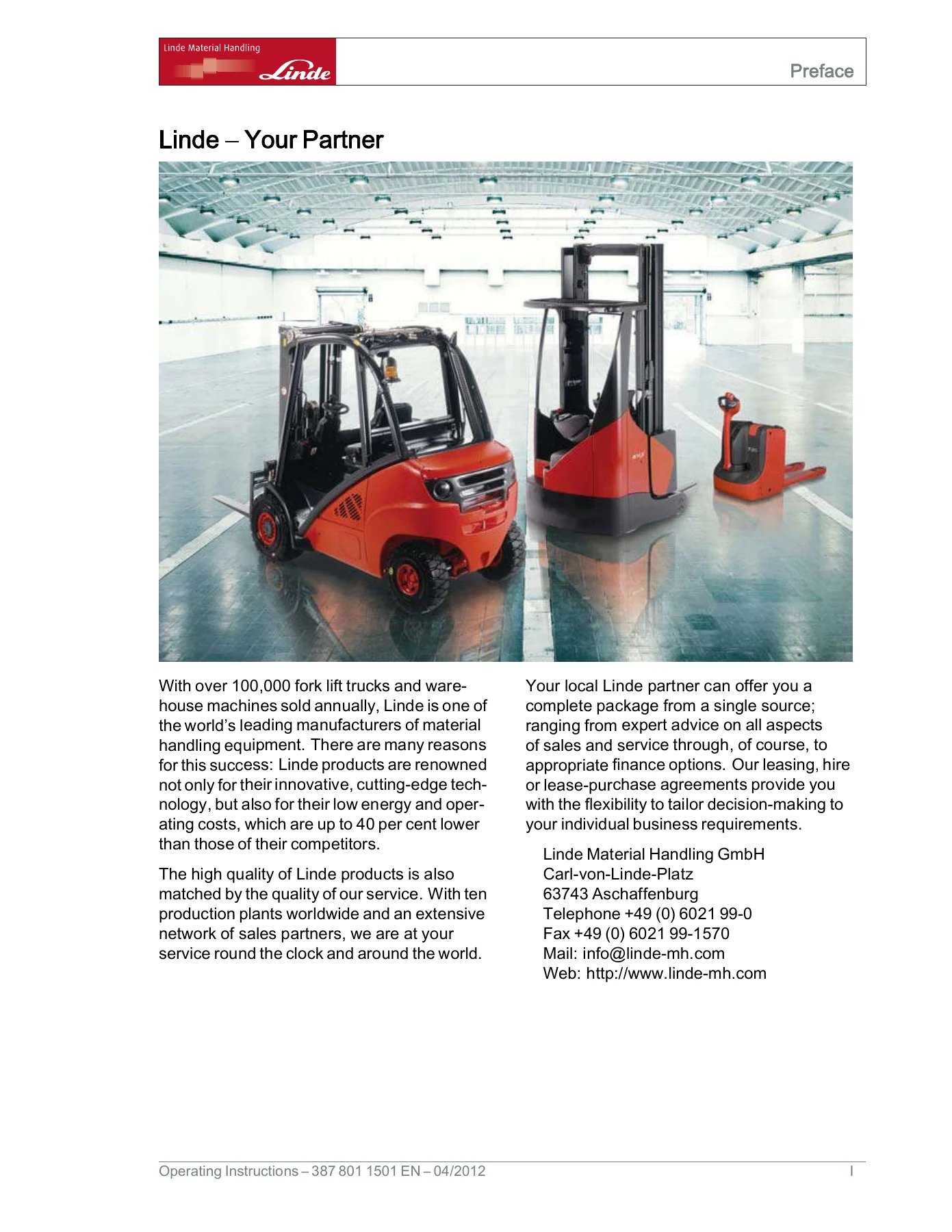 2012 Linde E20 E25 E30 E35 Electric Forklift Truck Operating Instructions Manual - Image 2
