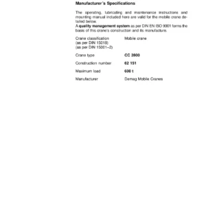 Demag CC 2800 Crawler Crane Operating Instructions Manual - Part 1 (Construction No. 62151)