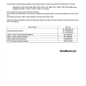 Hino FC FD GD FG GH FL FM FT GT SG Series Electrical Wiring Workshop Manual S1-YFCE18H