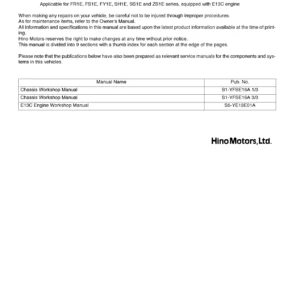 Hino FR1E FS1E FY1E SH1E SS1E ZS1E Chassis Workshop Manual Volume 2 of 3 - S1-YFSE16A PDF