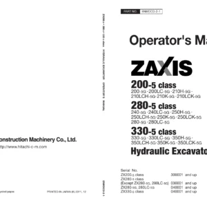 Hitachi ZX200-5 ZX280-5 ZX330-5 Class Hydraulic Excavator Operator's Manual