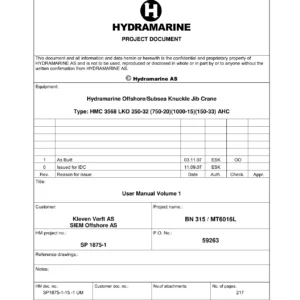 Hydramarine HMC 3568 LKO 250-32 AHC Offshore Knuckle Jib Crane User Manual Volume 1 PDF - 2007