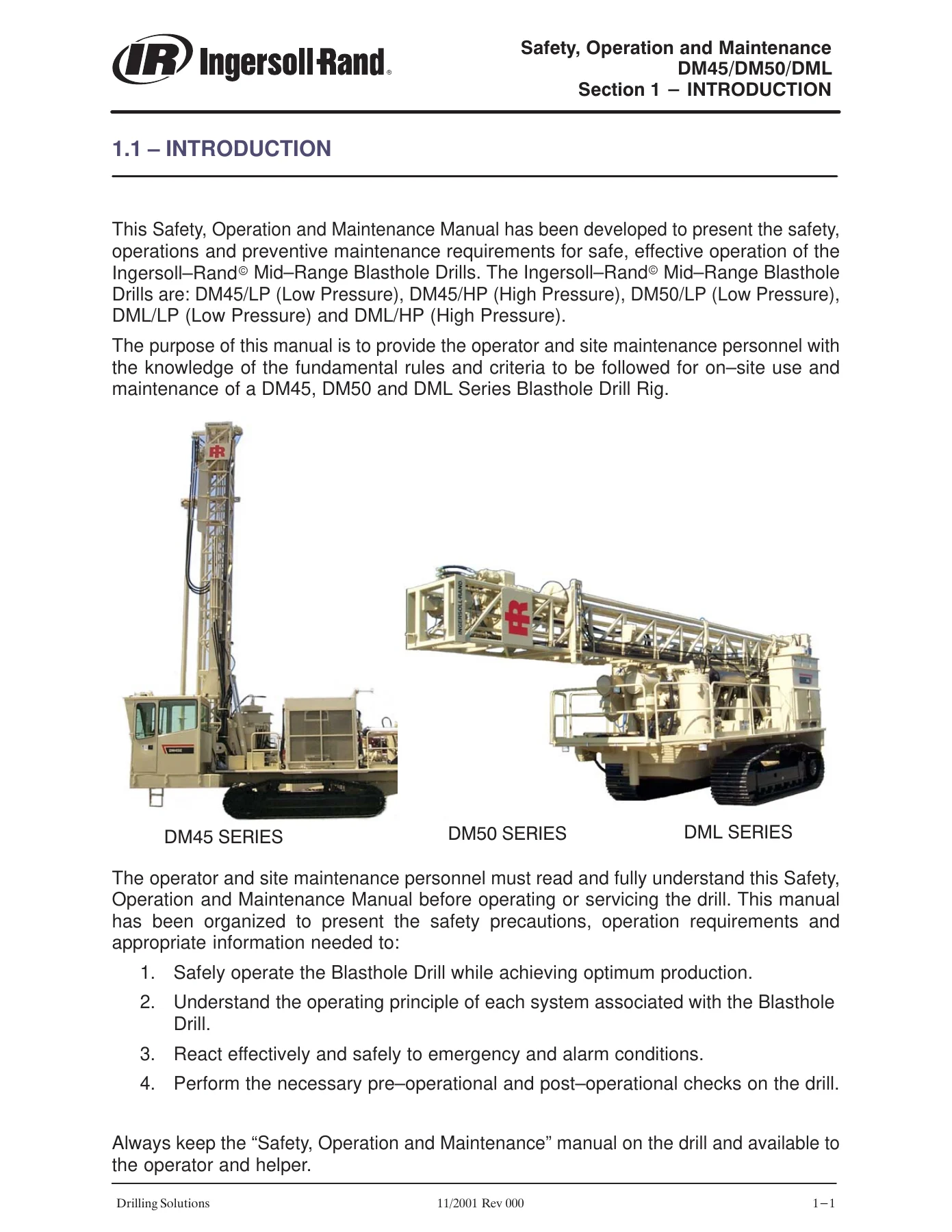 Ingersoll Rand DM45 DM50 DML Mid-Range Blasthole Drill Operation & Maintenance Manual - Image 2