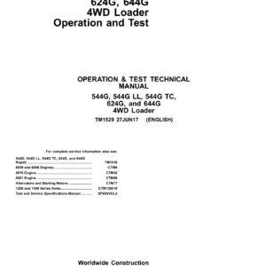 John Deere 544G, 624G, 644G 4WD Loader Operation and Test Technical Manual TM1529 - PDF Download