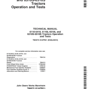 John Deere 6110-6410 6110L-6510L 6310S-6510S Tractor Operation & Tests Manual TM4572 PDF
