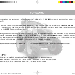 KIOTI HX9010 HX1001 HX1151 HX1201 Tractor Owner Manual