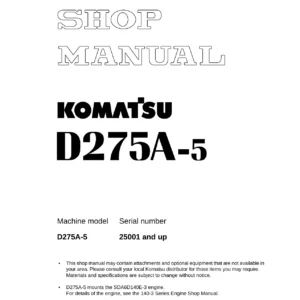 Komatsu D275A-5 Crawler Dozer Shop Manual (SEBM026308) – Complete PDF Service & Repair Manual