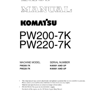 Komatsu PW200-7K PW220-7K Shop Manual PDF - Wheeled Excavator Repair & Service Guide K40001-Up