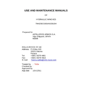 Rolls-Royce TW4200/1000/AW28U3H Hydraulic Winch Use and Maintenance Manual – 514-P239