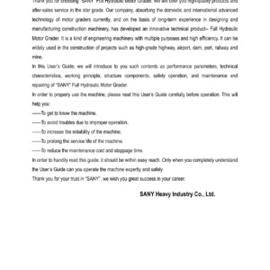 SANY PQ190III & PQ190IIIA Motor Grader User Guide - Operation, Maintenance & Safety Manual